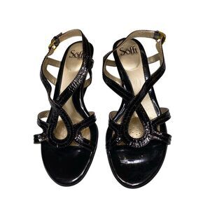 Sofft Womens 7M Black Leather Buckle Adjustable Strap Wedge Slingback Sandals